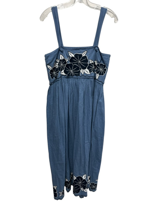 The Great Size 0 Blue Cotton Floral Embroidered Adjustable Strap Midi Dress Blue / 0