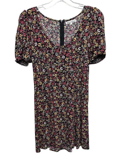 Reformation Size 4 Black & Multi Viscose Blend floral print Mini Dress Black & Multi / 4