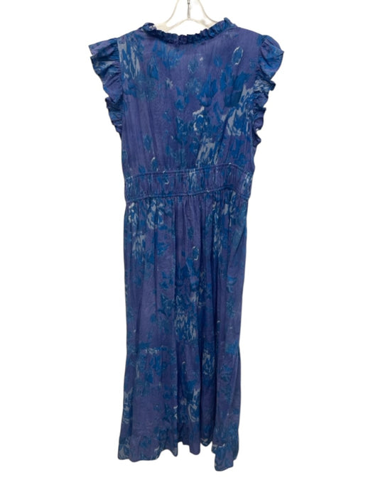 Bindu Size Medium Blue & Purple Cotton Ruffle Cap Sleeve Abstract Floral Dress Blue & Purple / Medium