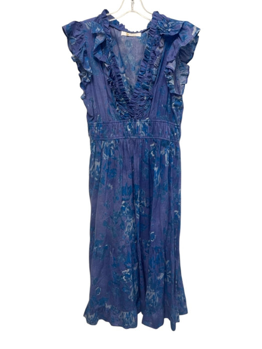 Bindu Size Medium Blue & Purple Cotton Ruffle Cap Sleeve Abstract Floral Dress Blue & Purple / Medium