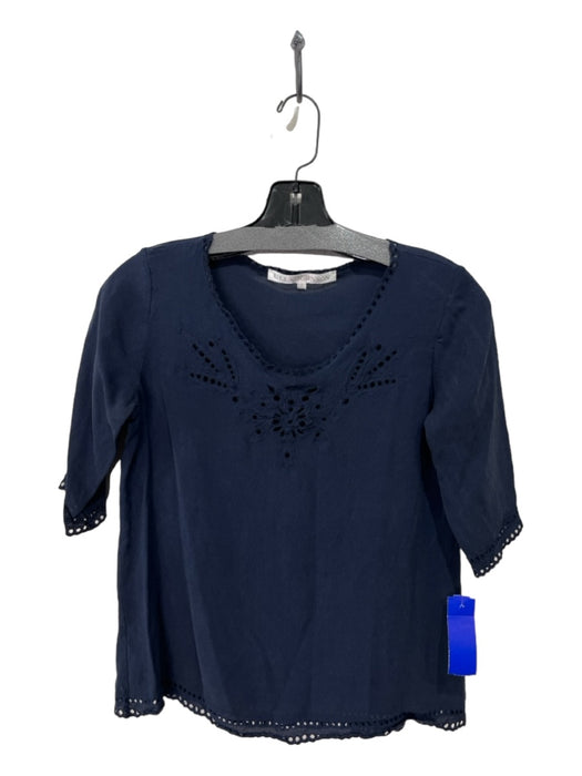 Ulla Johnson Size 2 Navy Blue Silk Embroidered Half Sleeve Top Navy Blue / 2