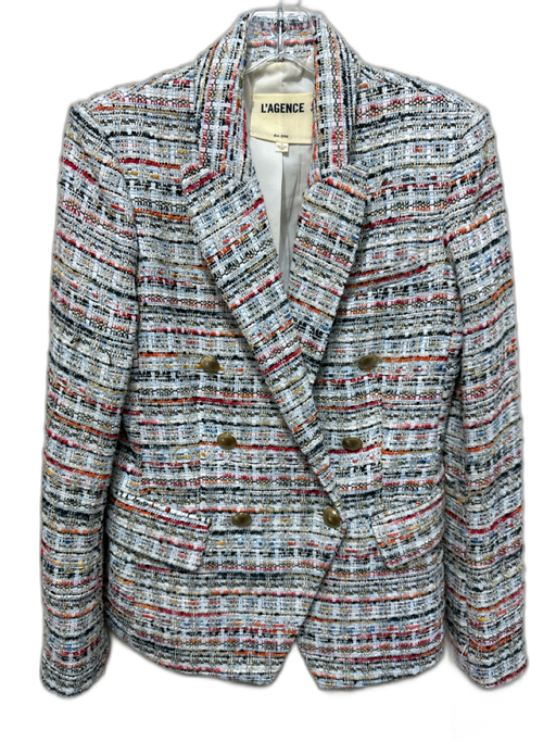 L'agence Size 4 White, Blue & Orange Polyester Tweed Metallic Thread Jacket White, Blue & Orange / 4