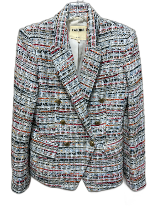 L'agence Size 4 White, Blue & Orange Polyester Tweed Metallic Thread Jacket White, Blue & Orange / 4