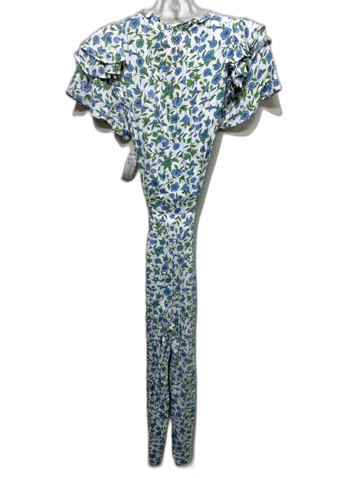 Banjanan Size M White, Blue & Green Rayon Floral Short Flutter Sleeve Jumpsuit White, Blue & Green / M