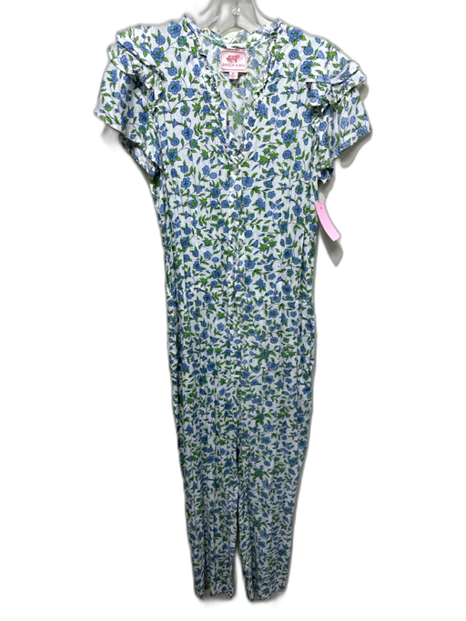 Banjanan Size M White, Blue & Green Rayon Floral Short Flutter Sleeve Jumpsuit White, Blue & Green / M