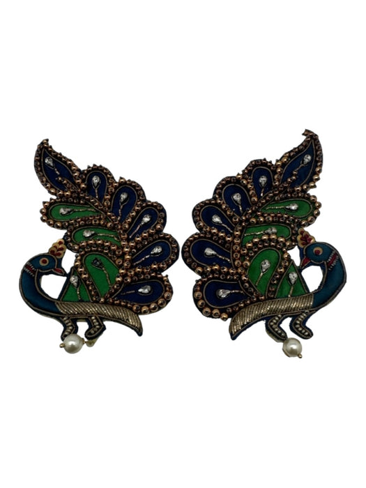 Gucci Blue, Green & Red Pearl Embroidered Peacock Sequined Rhinestone Earrings Blue, Green & Red