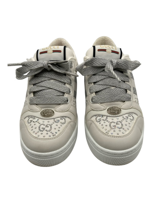 Gucci Shoe Size 37.5 White & Silver Leather Upper GG Lace Up Low Top Sneakers White & Silver / 37.5
