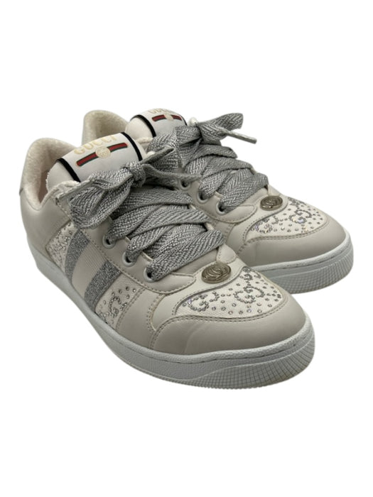 Gucci Shoe Size 37.5 White & Silver Leather Upper GG Lace Up Low Top Sneakers White & Silver / 37.5