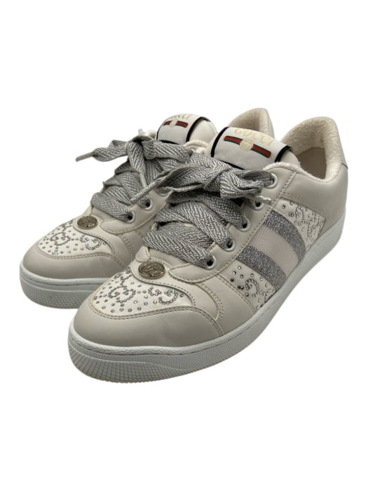 Gucci Shoe Size 37.5 White & Silver Leather Upper GG Lace Up Low Top Sneakers White & Silver / 37.5