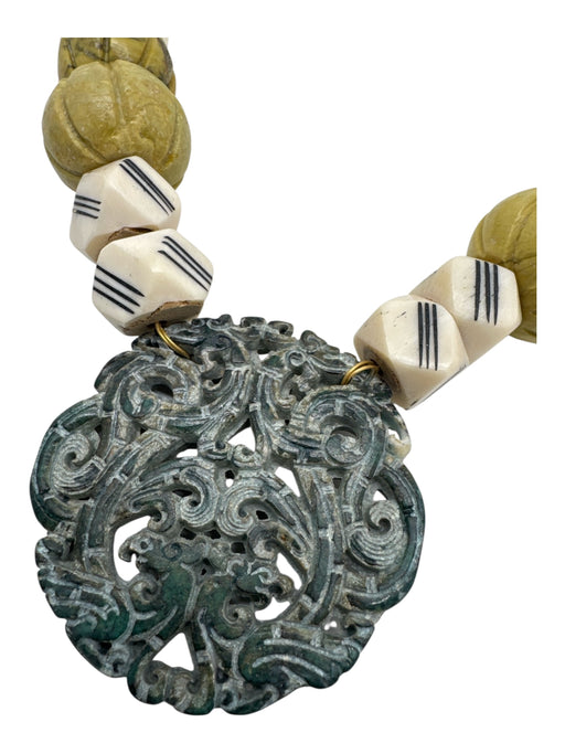 Green, Yellow & Cream Turquoise Cut Out Detail Large Beads Collar Necklace Green, Yellow & Cream