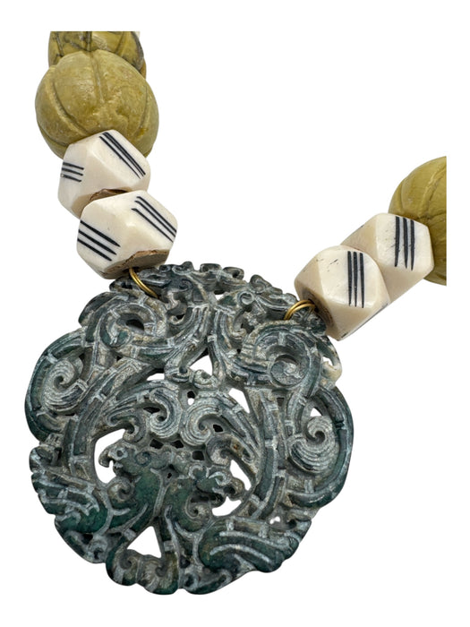 Green, Yellow & Cream Turquoise Cut Out Detail Large Beads Collar Necklace Green, Yellow & Cream