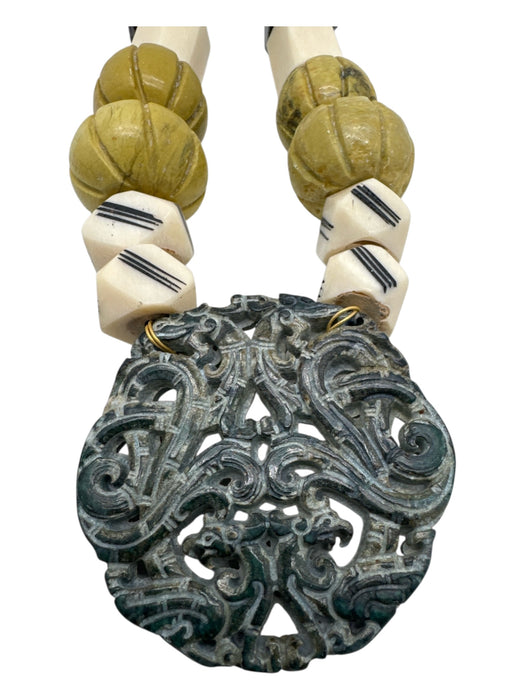 Green, Yellow & Cream Turquoise Cut Out Detail Large Beads Collar Necklace Green, Yellow & Cream