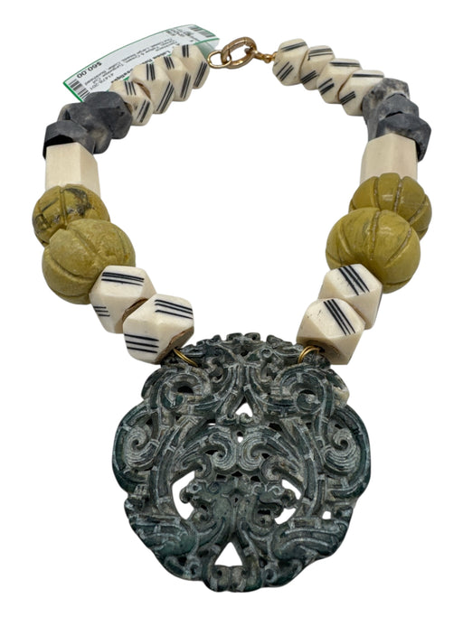 Green, Yellow & Cream Turquoise Cut Out Detail Large Beads Collar Necklace Green, Yellow & Cream