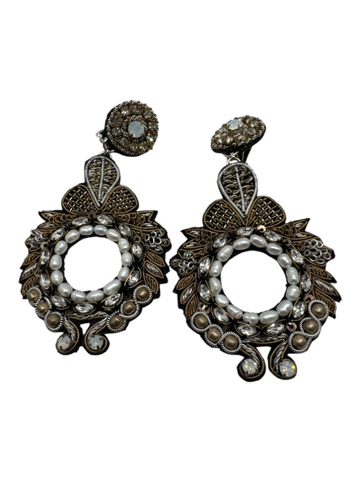 Ranjana Khan Black, White & Gold Leather Rhinestone Pearl Embellished Earrings Black, White & Gold