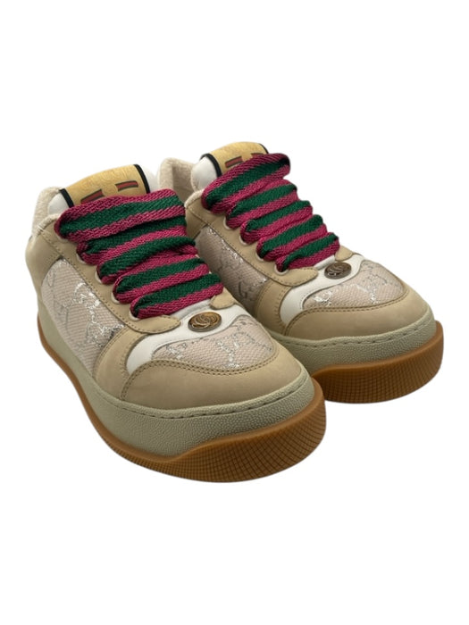 Gucci Shoe Size 37 Beige, Pink, Green Leather Canvas Monogram Platform Sneakers Beige, Pink, Green / 37