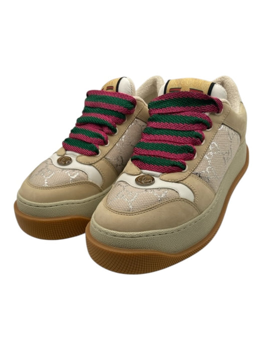 Gucci Shoe Size 37 Beige, Pink, Green Leather Canvas Monogram Platform Sneakers Beige, Pink, Green / 37