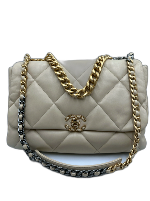 Chanel Beige Leather turn lock Quilted Flap Two Tone Chain Bag Beige / Large