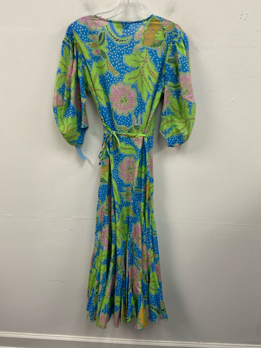 Rhode Size S Blue, Green & Multi Cotton Tie Front 1/2 Balloon Sleeve Dress
