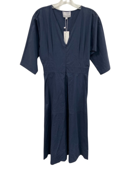 Gilner Farrar Size 2 Navy Blue Cotton 1/2 Sleeve V Neck Zip Up Midi Dress Navy Blue / 2