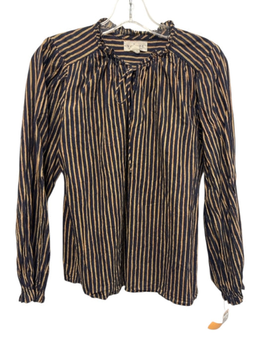 Velvet Size XS Navy Blue, Yellow, Red Cotton Long Sleeve Stripe Split V neck Top Navy Blue, Yellow, Red / XS