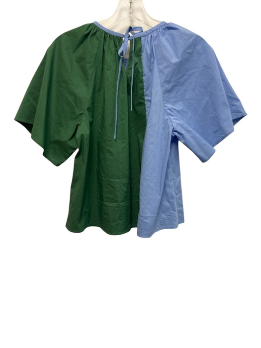 Crosby Size XS Blue & Green Cotton & Nylon Short Sleeve Gathered Tie Neck Top Blue & Green / XS
