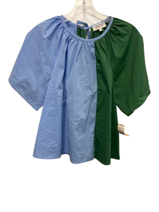 Crosby Size XS Blue & Green Cotton & Nylon Short Sleeve Gathered Tie Neck Top Blue & Green / XS