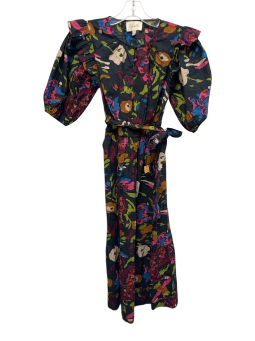 Cleobella Size XS Black, Pink, Multi Cotton Short Puff Sleeve Floral Print Dress Black, Pink, Multi / XS