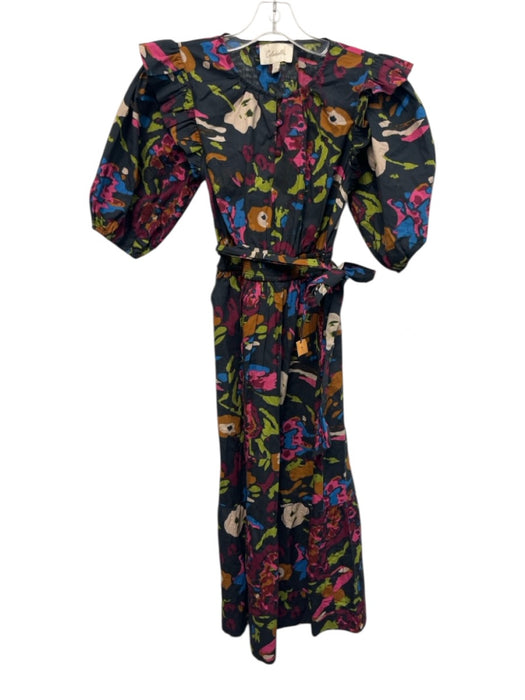 Cleobella Size XS Black, Pink, Multi Cotton Short Puff Sleeve Floral Print Dress Black, Pink, Multi / XS