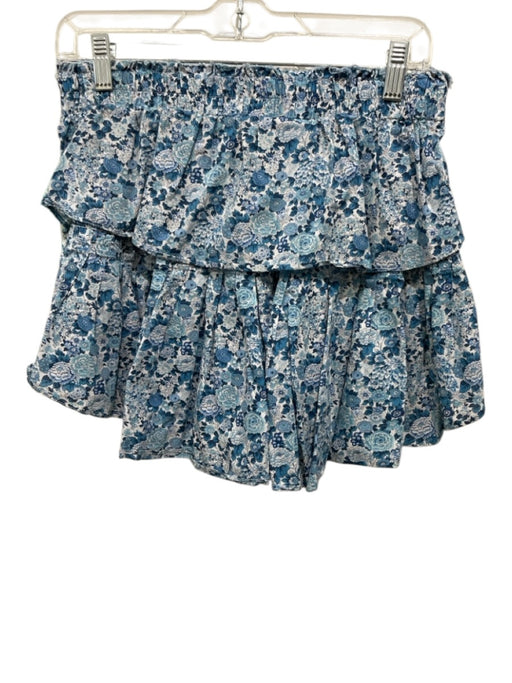 Loveshackfancy Size S Blue & White Cotton Elastic Waist Tiered Floral Mini Skirt Blue & White / S