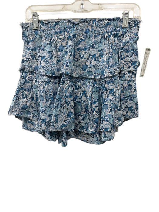 Loveshackfancy Size S Blue & White Cotton Elastic Waist Tiered Floral Mini Skirt Blue & White / S