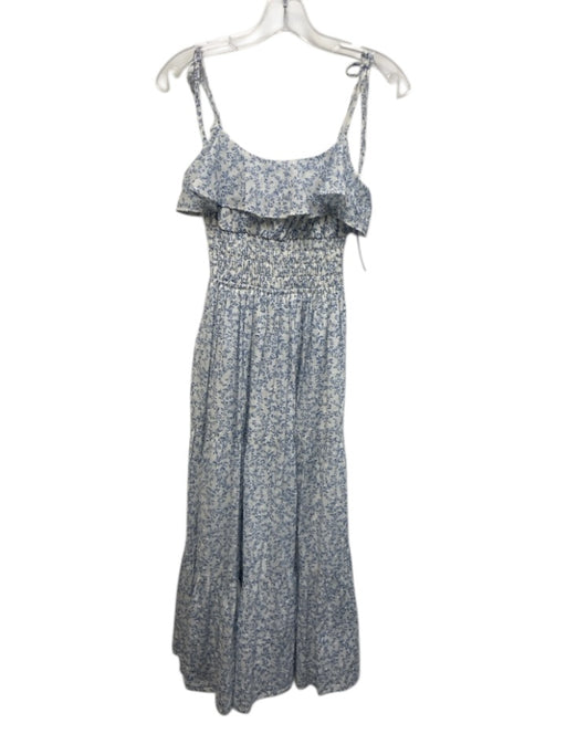 Wayf Size XS Blue & White Cotton Tie Shoulder Floral Clip Dot Maxi Dress Blue & White / XS