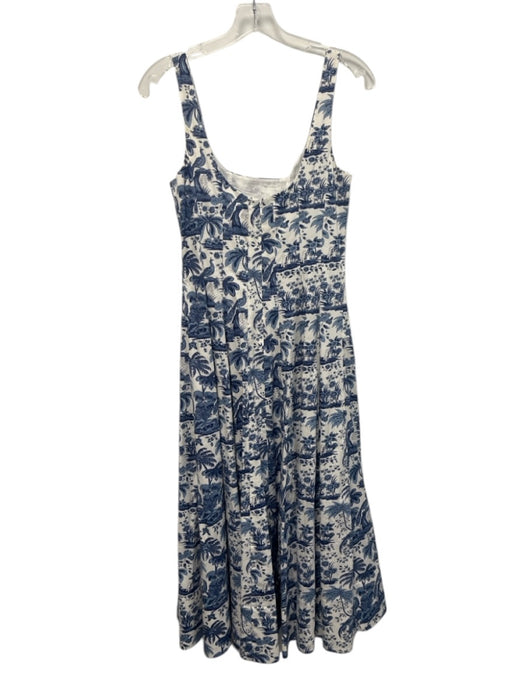 Staud Size 4 White & Blue Cotton Blend Toile Paneled Midi Dress White & Blue / 4