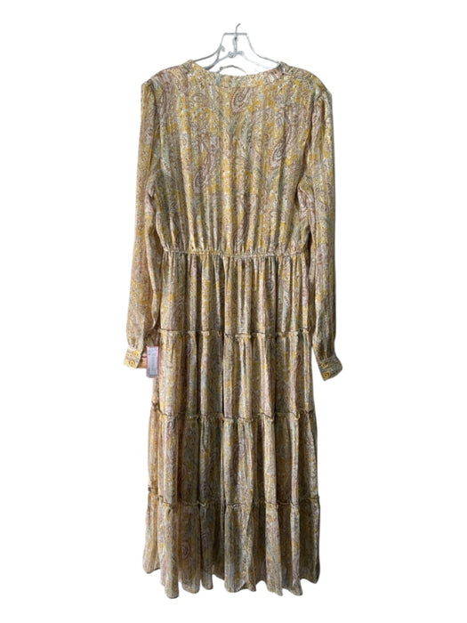 Elan Size M Yellow Print Polyester Paisley Tiered Long Sleeve V Neck Dress Yellow Print / M