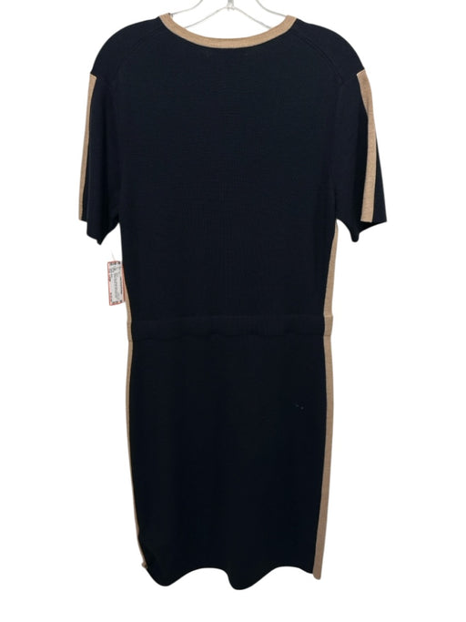 Reiss Size Large Navy & Tan Viscose Blend Short Sleeve Striped Quarter Zip Dress Navy & Tan / Large