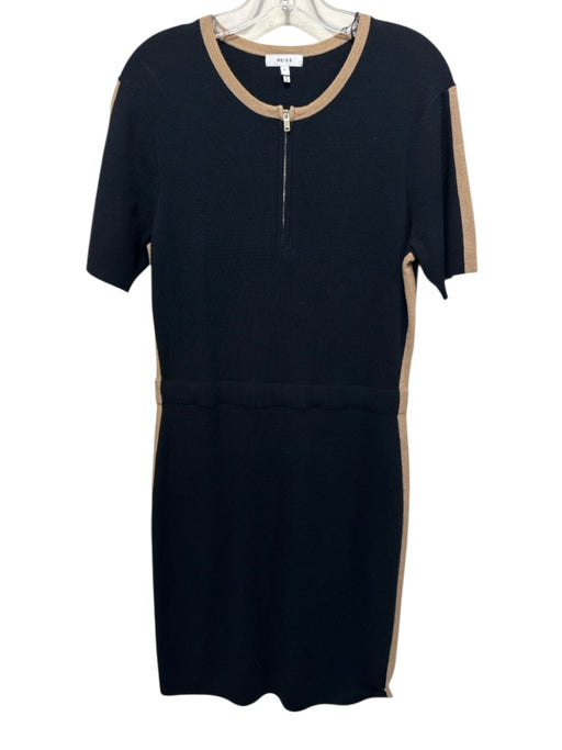 Reiss Size Large Navy & Tan Viscose Blend Short Sleeve Striped Quarter Zip Dress Navy & Tan / Large