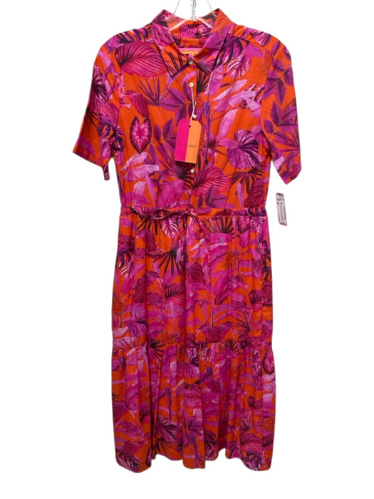 Vilagallo Size 40 Hot Pink & Orange Cotton Short Sleeve Plant print Dress Hot Pink & Orange / 40