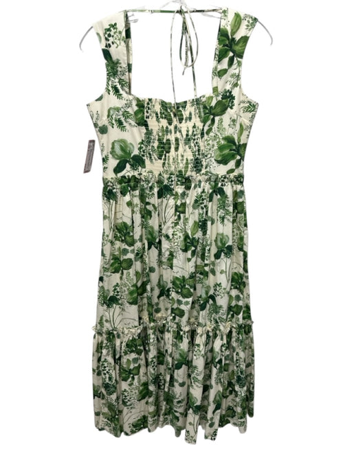 Cara Cara Size 8 Green & Cream Cotton Sleeveless Floral Print Square Neck Dress Green & Cream / 8