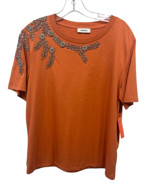 Sandro Size 2 Orange Cotton Short Sleeve Crystals Embellished Tee Top Orange / 2