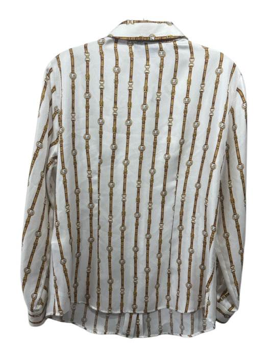 Luisa Spagnoli Size Medium Brown & White Silk Long Sleeve Belt Print Collar Top Brown & White / Medium
