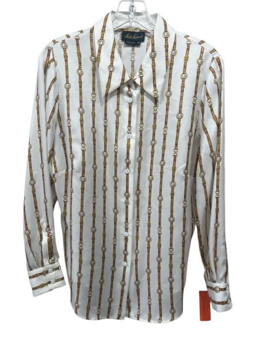 Luisa Spagnoli Size Medium Brown & White Silk Long Sleeve Belt Print Collar Top Brown & White / Medium