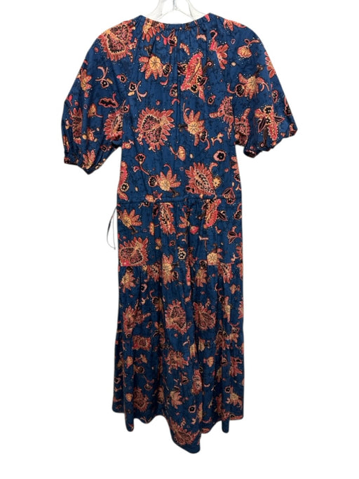 A.L.C. Size 8 Blue & Orange Cotton Short Sleeve All Over Print Split Neck Dress Blue & Orange / 8