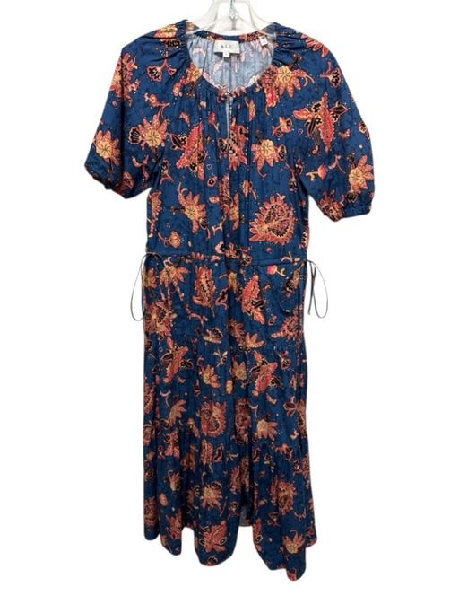 A.L.C. Size 8 Blue & Orange Cotton Short Sleeve All Over Print Split Neck Dress Blue & Orange / 8
