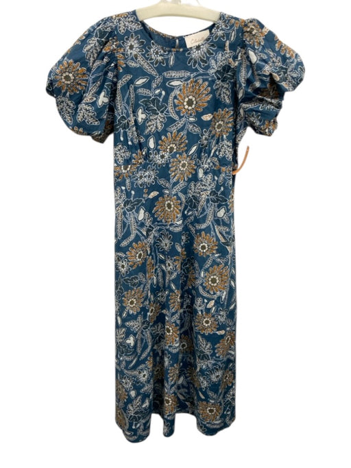 Cleobella Size S Blue, White & Yellow Cotton Floral Short Puff Sleeve Dress Blue, White & Yellow / S