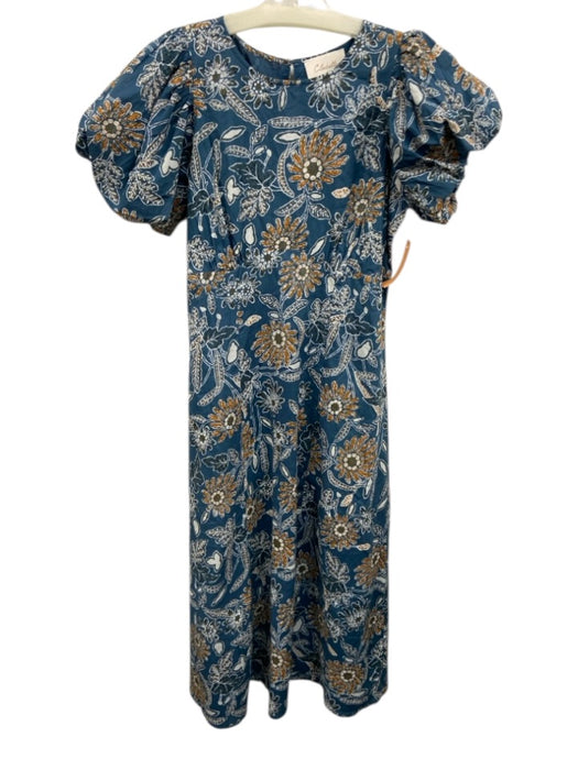 Cleobella Size S Blue, White & Yellow Cotton Floral Short Puff Sleeve Dress Blue, White & Yellow / S