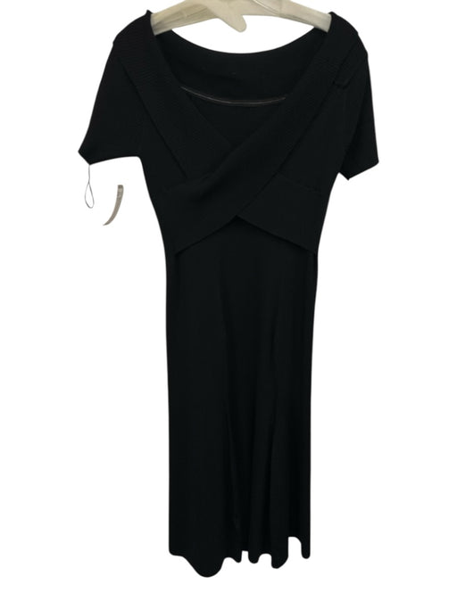 Reiss Size L Black Viscose Blend Foldover Collar Ribbed Knit Short Sleeve Dress Black / L