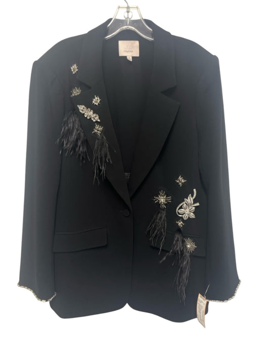 Cinq a Sept Size 8 Black Triacetate Blend Feather Detail Crystal Applique Jacket Black / 8