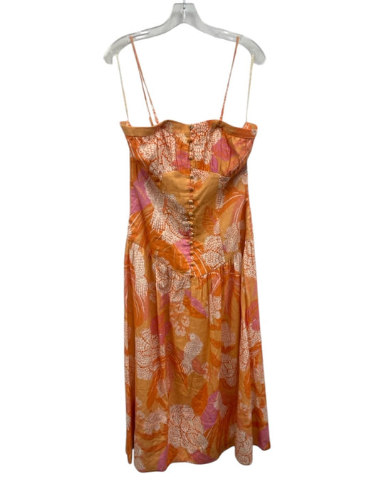 Farm Rio Size M Orange & Multi Linen Blend Square Neck Adjustable Strap Dress Orange & Multi / M