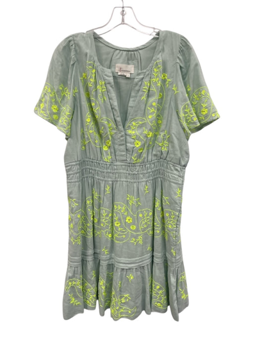 By Anthropologie Size L Green Linen Blend V Neck Floral Embroidery Dress Green / L