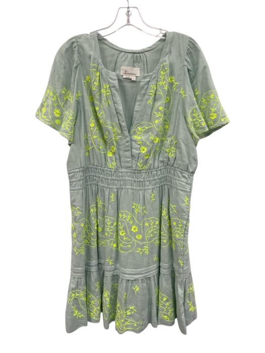By Anthropologie Size L Green Linen Blend V Neck Floral Embroidery Dress Green / L