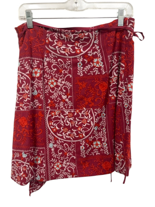 By Anthropologie Size 8 Red & Multi Viscose Wrap Embroidered Above knee Skirt Red & Multi / 8